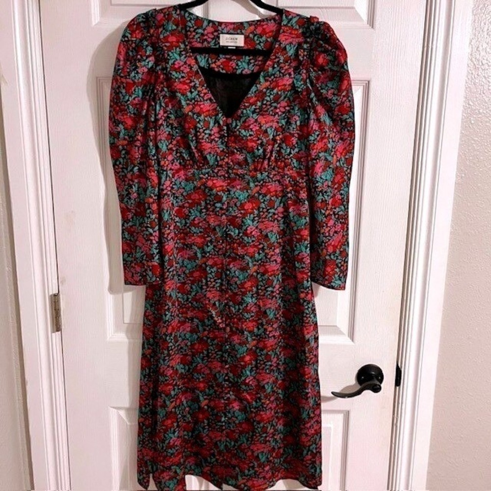 J. Crew Collection Floral‎ Midi Dress Puff Sleeve V Neck Red Pink Green 4